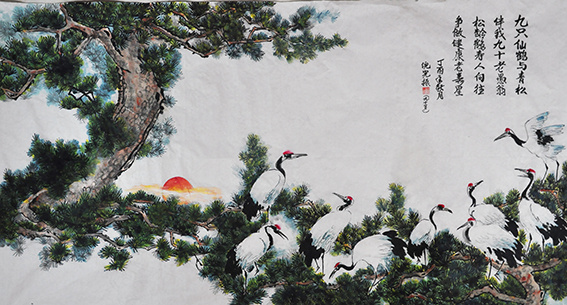 倪宪振作品6《九只仙鹤与青松》4尺 2017年